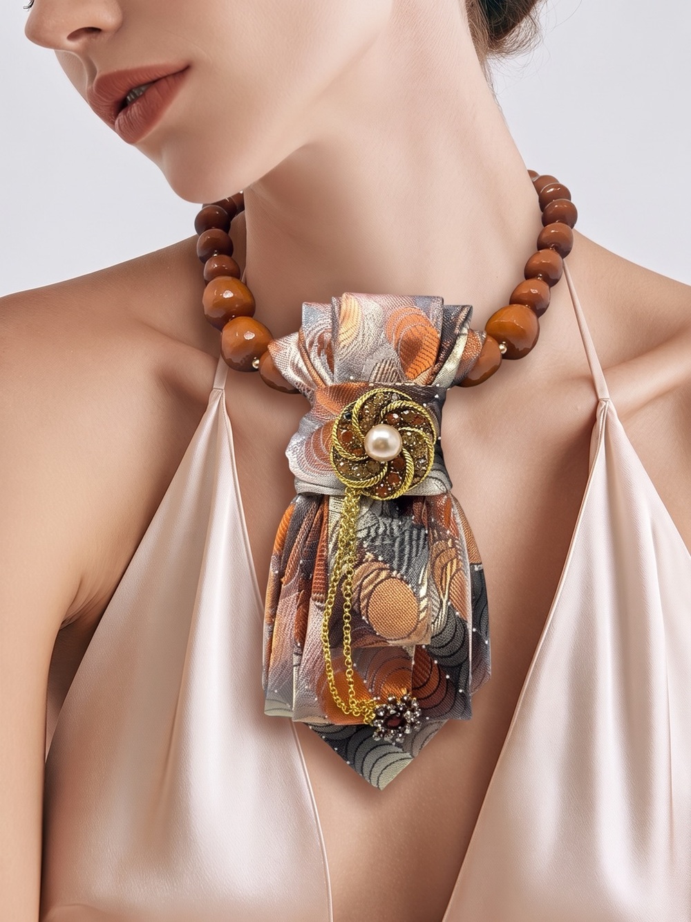 CHIC CHICK UPCYCLE | Amber Bead Statement Tie Necklace Floral Brooch Accent